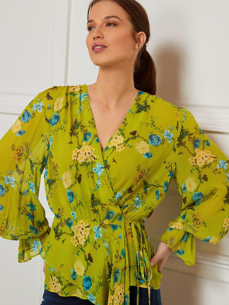 Preen Green Floral Stripe Long Sleeve Wrap Blouse - Image 1 of 6