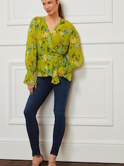 Preen Green Floral Stripe Long Sleeve Wrap Blouse - Image 2 of 6