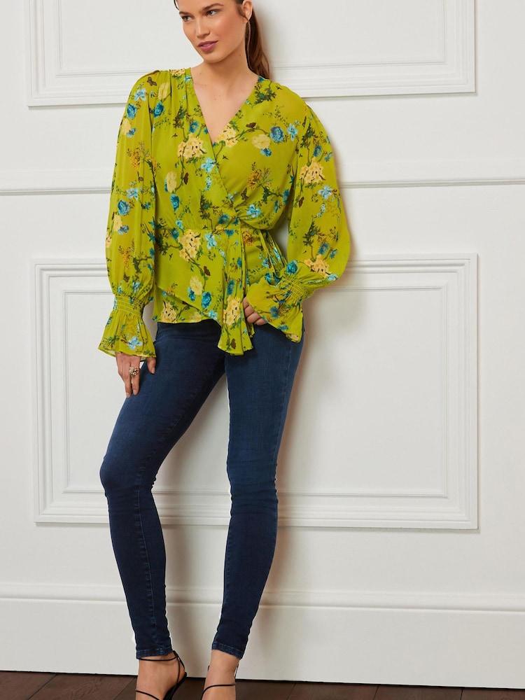 Preen Green Floral Stripe Long Sleeve Wrap Blouse - Image 2 of 6