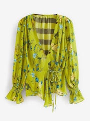 Preen Green Floral Stripe Long Sleeve Wrap Blouse - Image 5 of 6