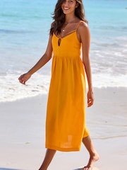 Orange 100% Linen Strappy Midi Dress - Image 1 of 5
