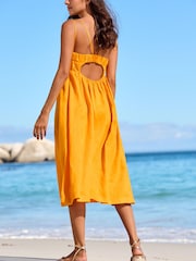 Orange 100% Linen Strappy Midi Dress - Image 2 of 5