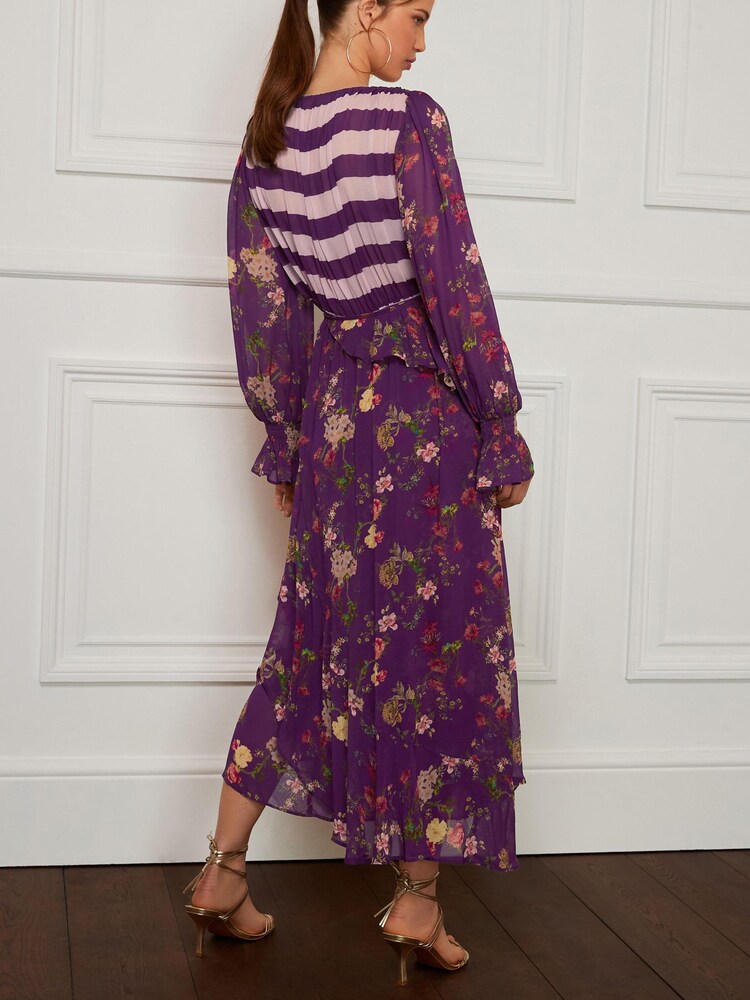 Preen Purple Floral Stripe Wrap Midi Dress - Image 2 of 5 Preen Purple Floral Stripe Wrap Midi Dress - Image 2 of 5