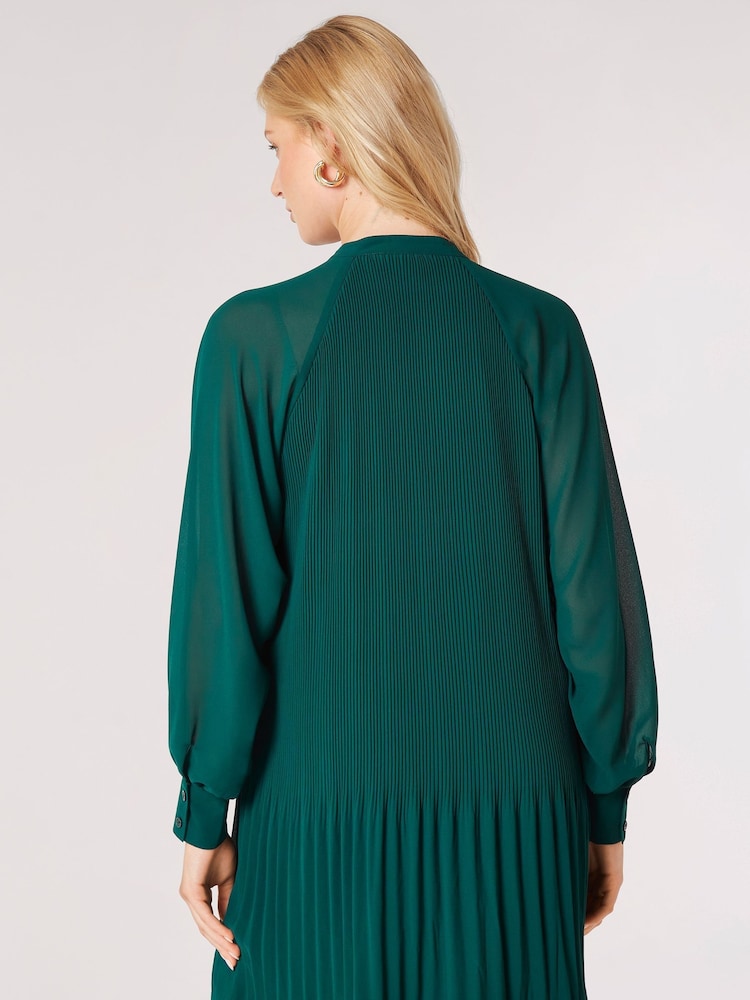 Apricot Green Cream Plisse Long Sleeve Chiffon Dress - Image 2 of 4