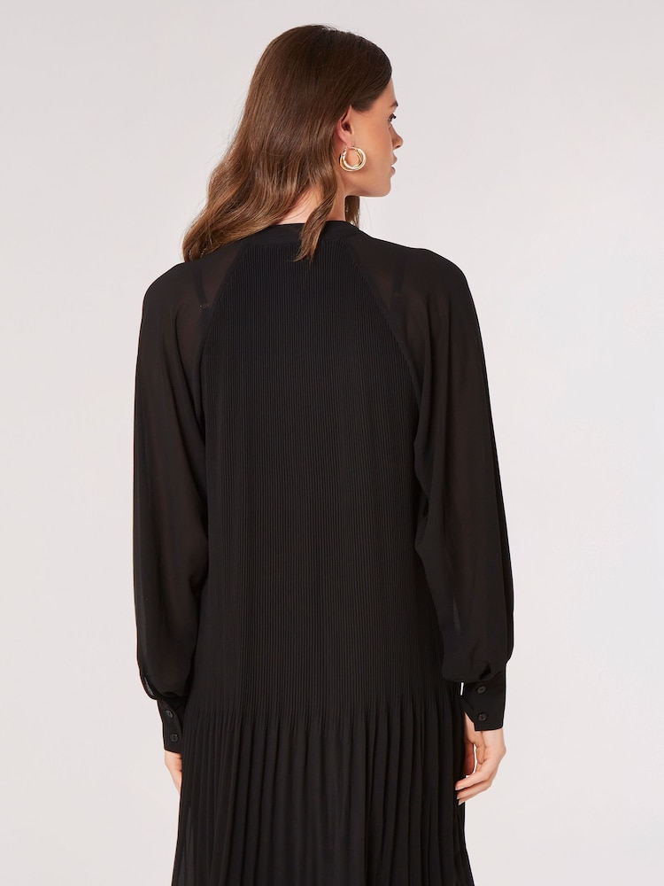 Apricot Black Cream Plisse Long Sleeve Chiffon Dress - Image 2 of 4