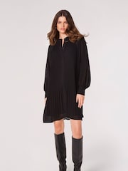 Apricot Black Cream Plisse Long Sleeve Chiffon Dress - Image 3 of 4