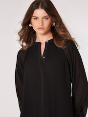 Apricot Black Cream Plisse Long Sleeve Chiffon Dress - Image 4 of 4
