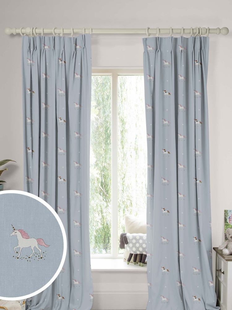 Sophie Allport Duck Egg Blue Kids Unicorn Made To Measure 100% Cotton Curtains - Image 1 of 9