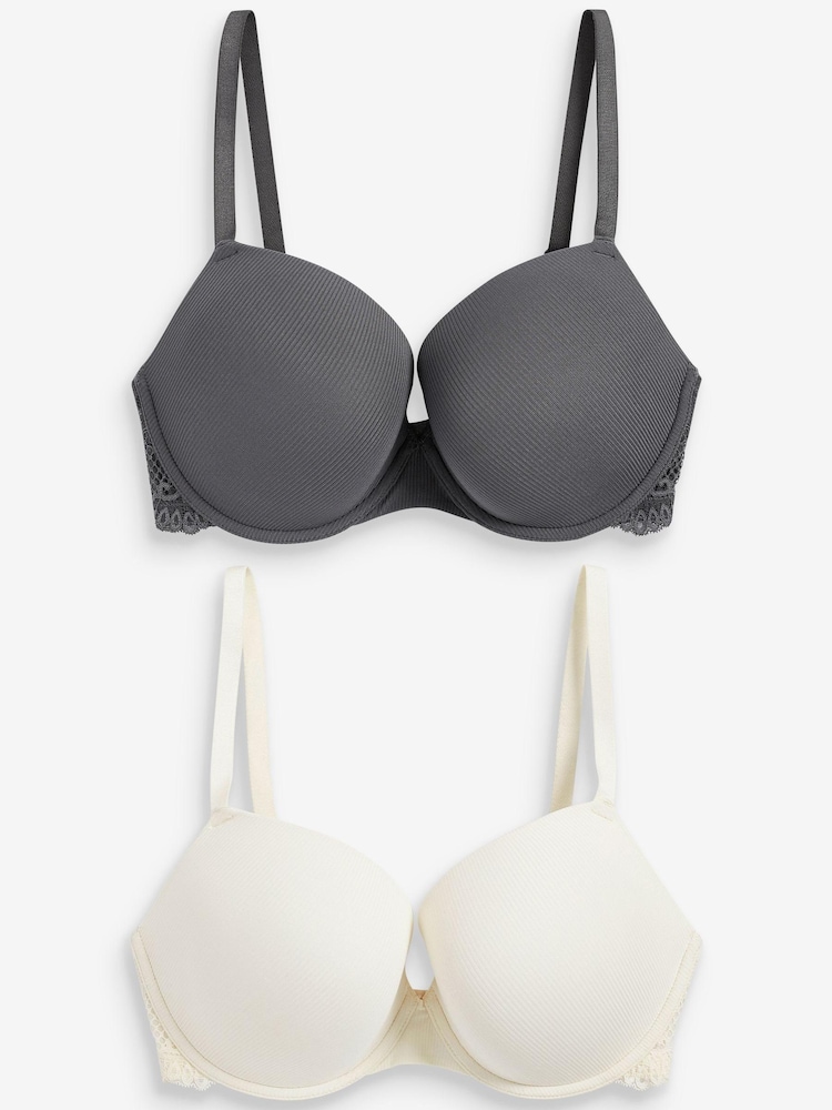 Grey/Ecru White DD+ Pad Plunge Rib And Lace Bras 2 Pack - Image 1 of 6