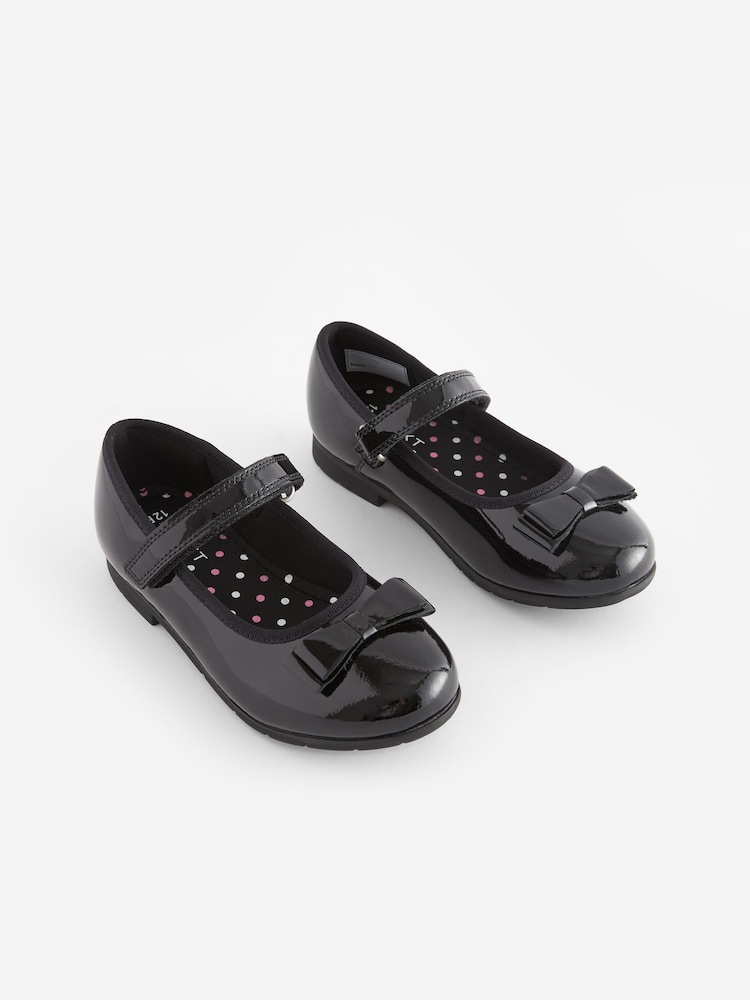 Black Patent Wide Fit (G) School Leather Bow Mary Jane Shoes - Image 1 of 9