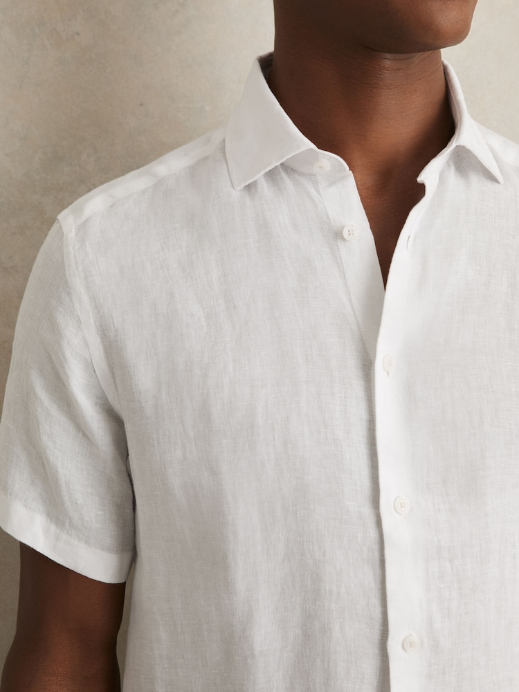 Reiss White Holiday Slim Fit Linen Button-Through Shirt - Image 3 of 5