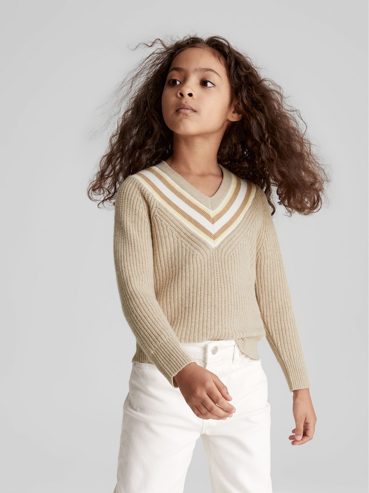 Reiss Neutral Hadley Junior Colour Block V-Neck Sweater - Image 1 of 6