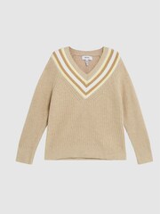 Reiss Neutral Hadley Junior Colour Block V-Neck Sweater - Image 2 of 6