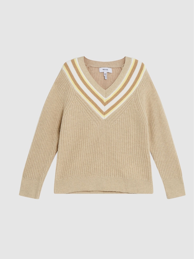 Reiss Neutral Hadley Junior Colour Block V-Neck Sweater - Image 2 of 6