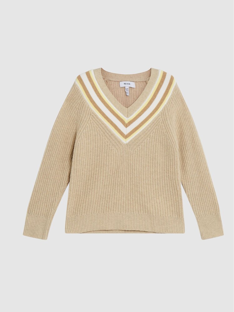 Reiss Neutral Hadley Junior Colour Block V-Neck Sweater - Image 2 of 6 Reiss Neutral Hadley Junior Colour Block V-Neck Sweater - Image 2 of 6