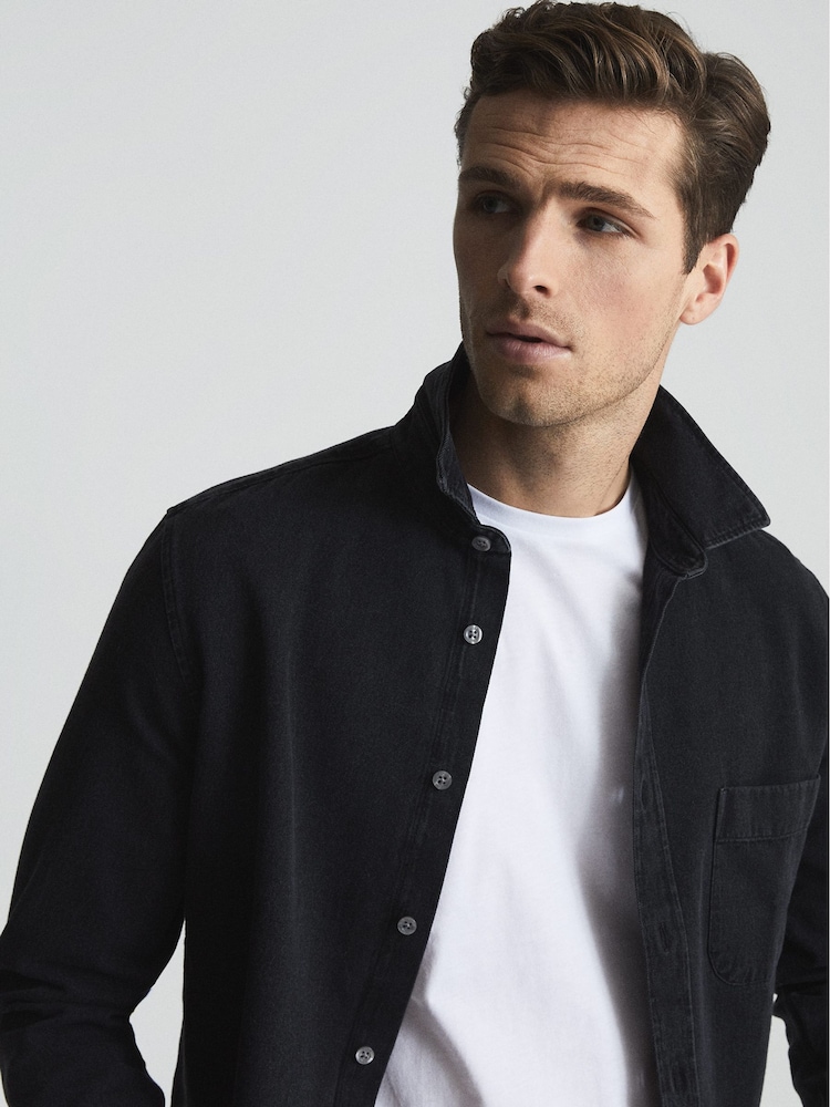Reiss Washed Black Finch Long Sleeve Washed Denim Overshirt - Image 1 of 7 Reiss Washed Black Finch Long Sleeve Washed Denim Overshirt - Image 1 of 7