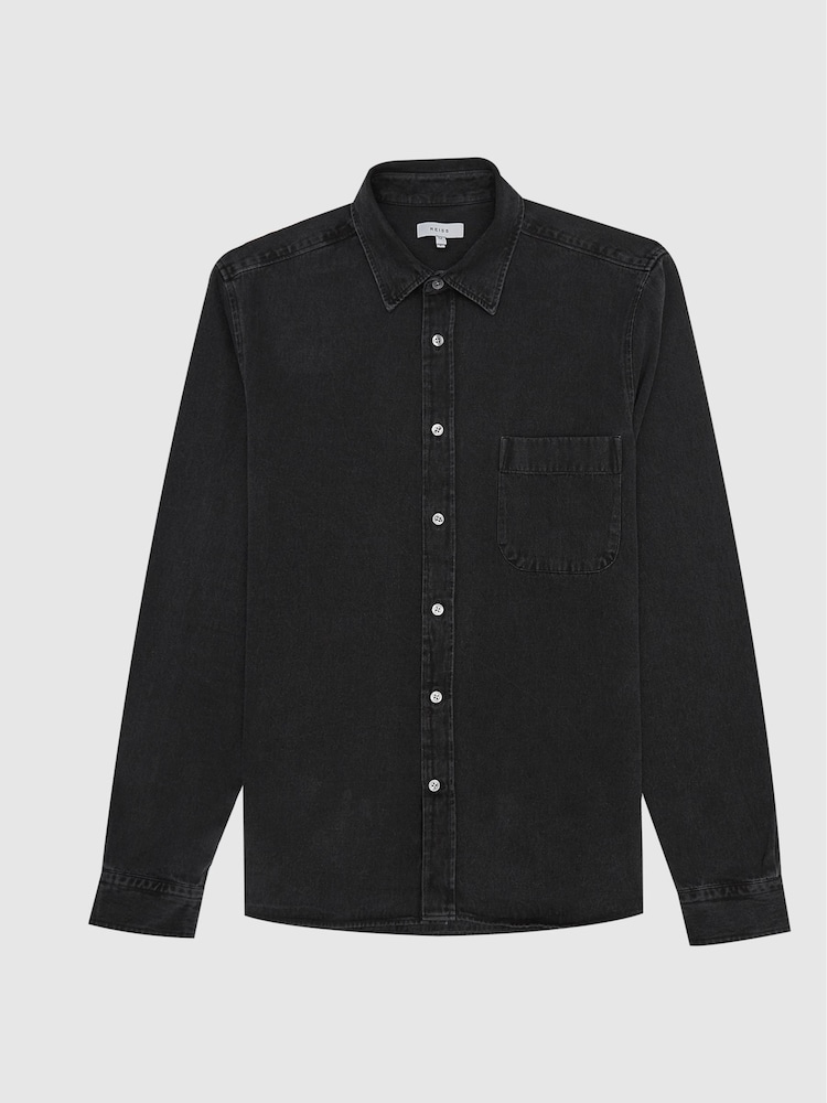 Reiss Washed Black Finch Long Sleeve Washed Denim Overshirt - Image 2 of 7 Reiss Washed Black Finch Long Sleeve Washed Denim Overshirt - Image 2 of 7