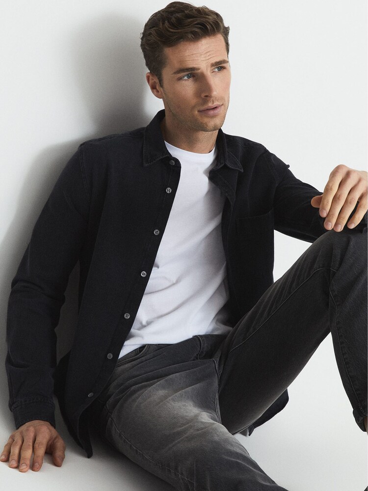Reiss Washed Black Finch Long Sleeve Washed Denim Overshirt - Image 7 of 7 Reiss Washed Black Finch Long Sleeve Washed Denim Overshirt - Image 7 of 7