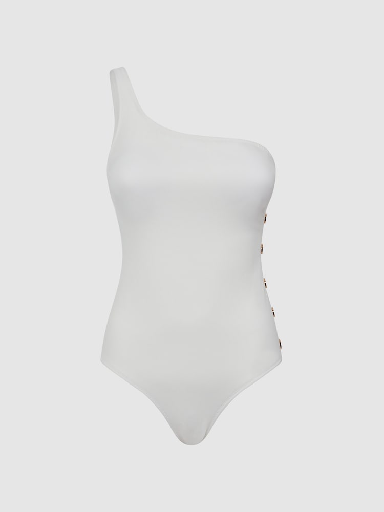 Reiss White Bethany Asymmetric Swimsuit With Button Detail - Image 2 of 6