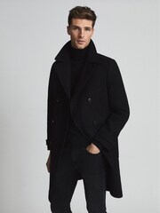 Reiss Black Myers Wool Blend Twill Overcoat - Image 1 of 5