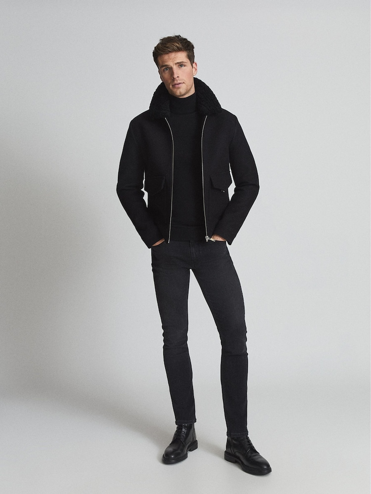 Reiss Black Dennis Shearling Collar Jacket - Image 1 of 5