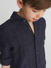 Reiss Navy Ruban Long Sleeve Linen Shirt - Image 1 of 4