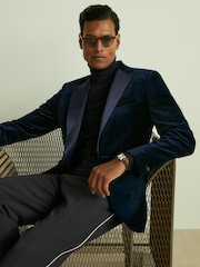 Reiss Navy Ace Velvet Single Breasted Slim Fit Jacket - Image 1 of 10