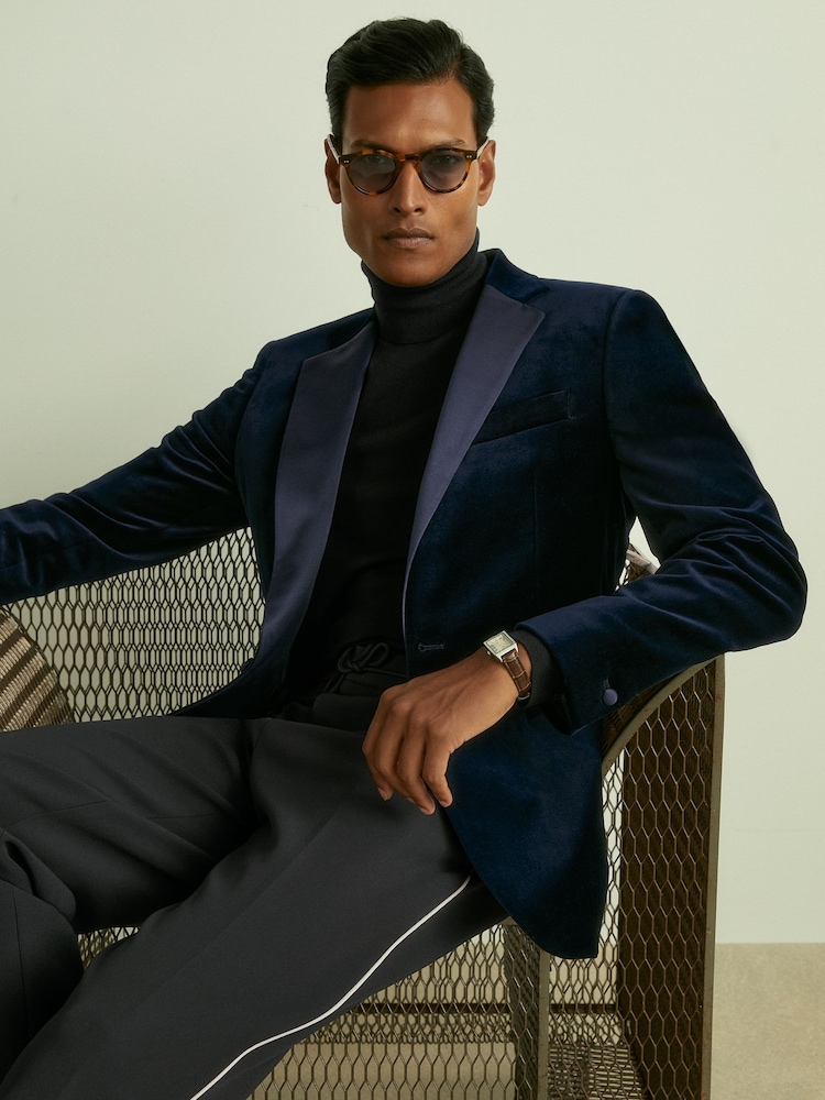 Reiss Navy Ace Velvet Single Breasted Slim Fit Jacket - Image 1 of 10