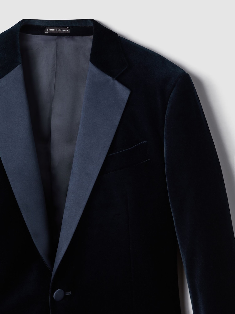 Reiss Navy Ace Velvet Single Breasted Slim Fit Jacket - Image 9 of 10