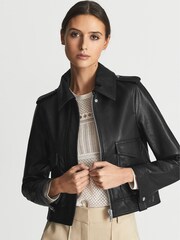 Reiss Black Kaja Leather Trucker Jacket - Image 1 of 6