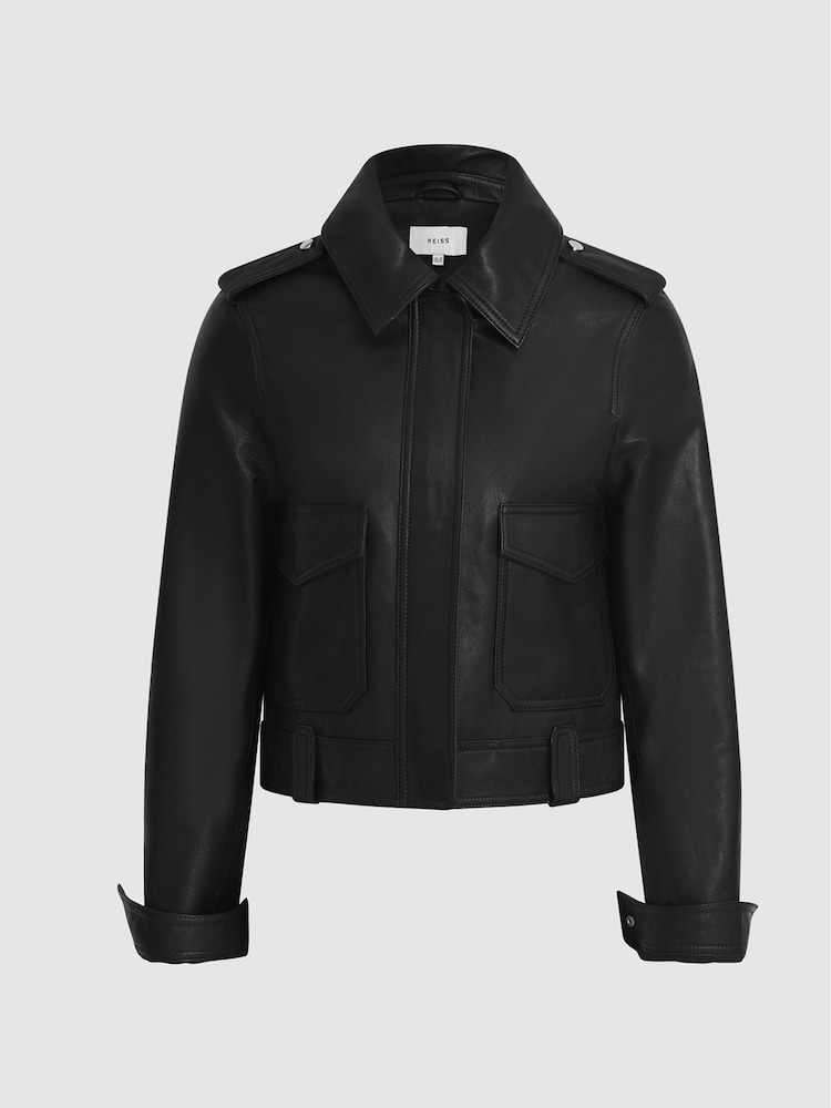 Reiss Black Kaja Leather Trucker Jacket - Image 2 of 6