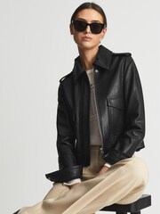 Reiss Black Kaja Leather Trucker Jacket - Image 4 of 6
