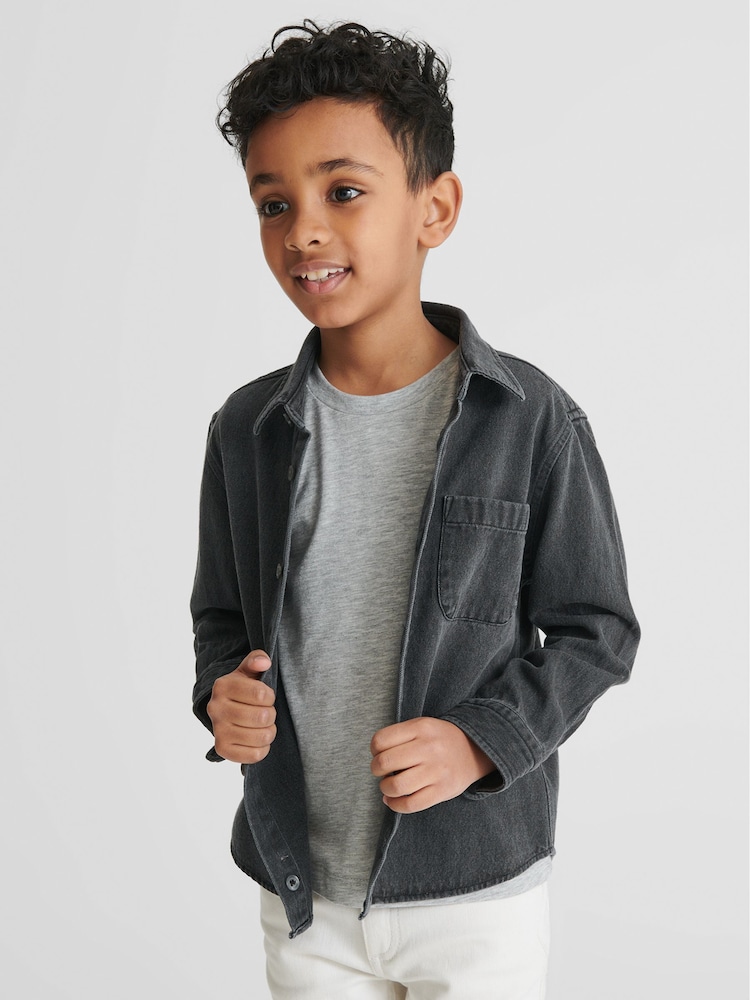 Reiss Washed Black Finch Junior Long Sleeve Denim Overshirt - Image 1 of 6