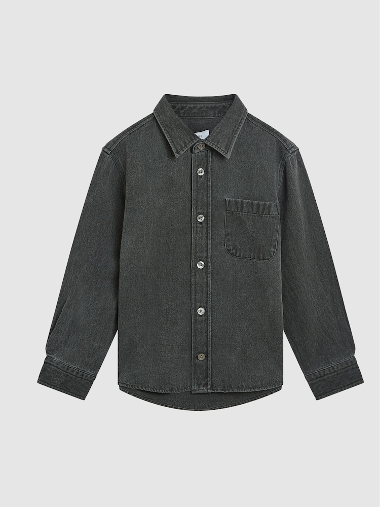 Reiss Washed Black Finch Junior Long Sleeve Denim Overshirt - Image 2 of 6