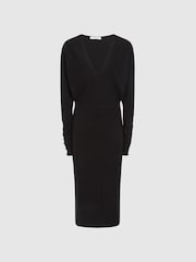 Reiss Black Jenna Wool Blend Ruched Sleeve Midi Dress - Image 2 of 6