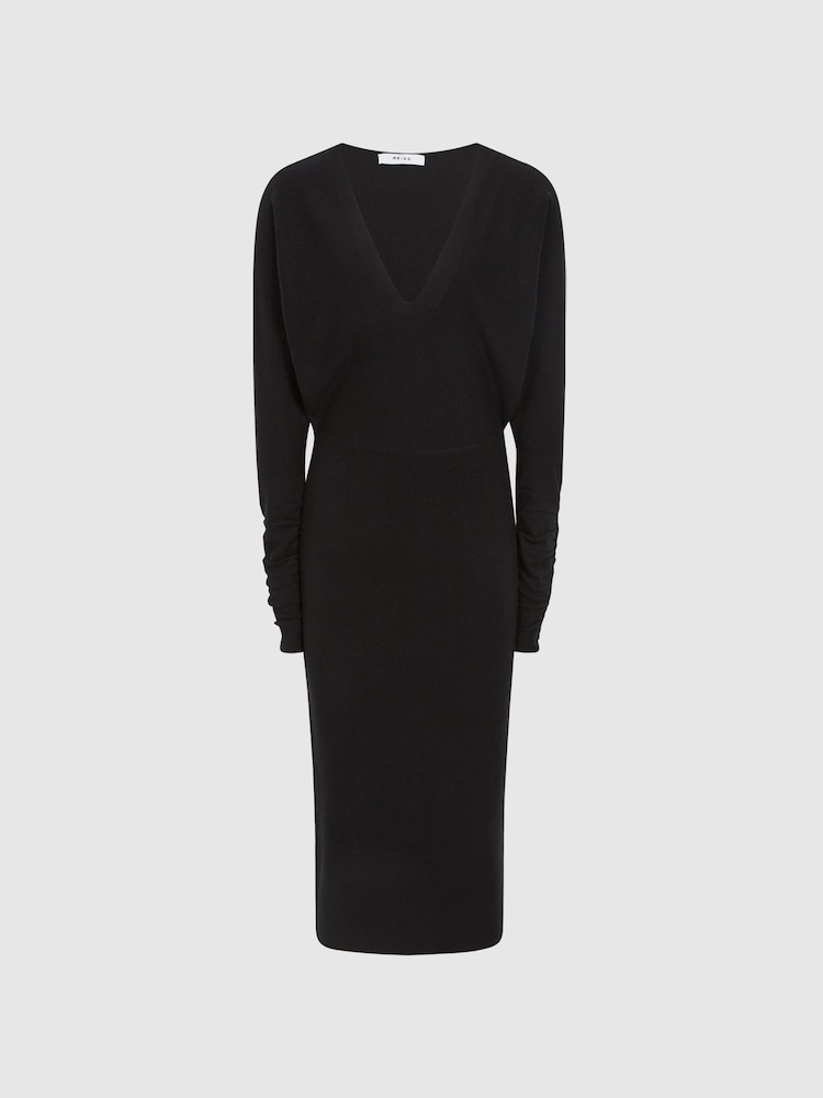 Reiss Black Jenna Wool Blend Ruched Sleeve Midi Dress - Image 2 of 6