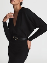 Reiss Black Jenna Wool Blend Ruched Sleeve Midi Dress - Image 4 of 6