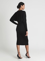 Reiss Black Jenna Wool Blend Ruched Sleeve Midi Dress - Image 5 of 6