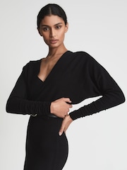 Reiss Black Jenna Wool Blend Ruched Sleeve Midi Dress - Image 6 of 6