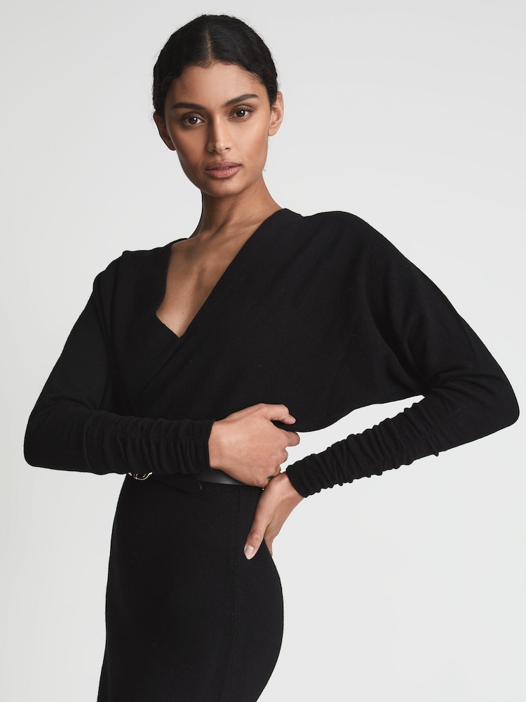 Reiss Black Jenna Wool Blend Ruched Sleeve Midi Dress - Image 6 of 6