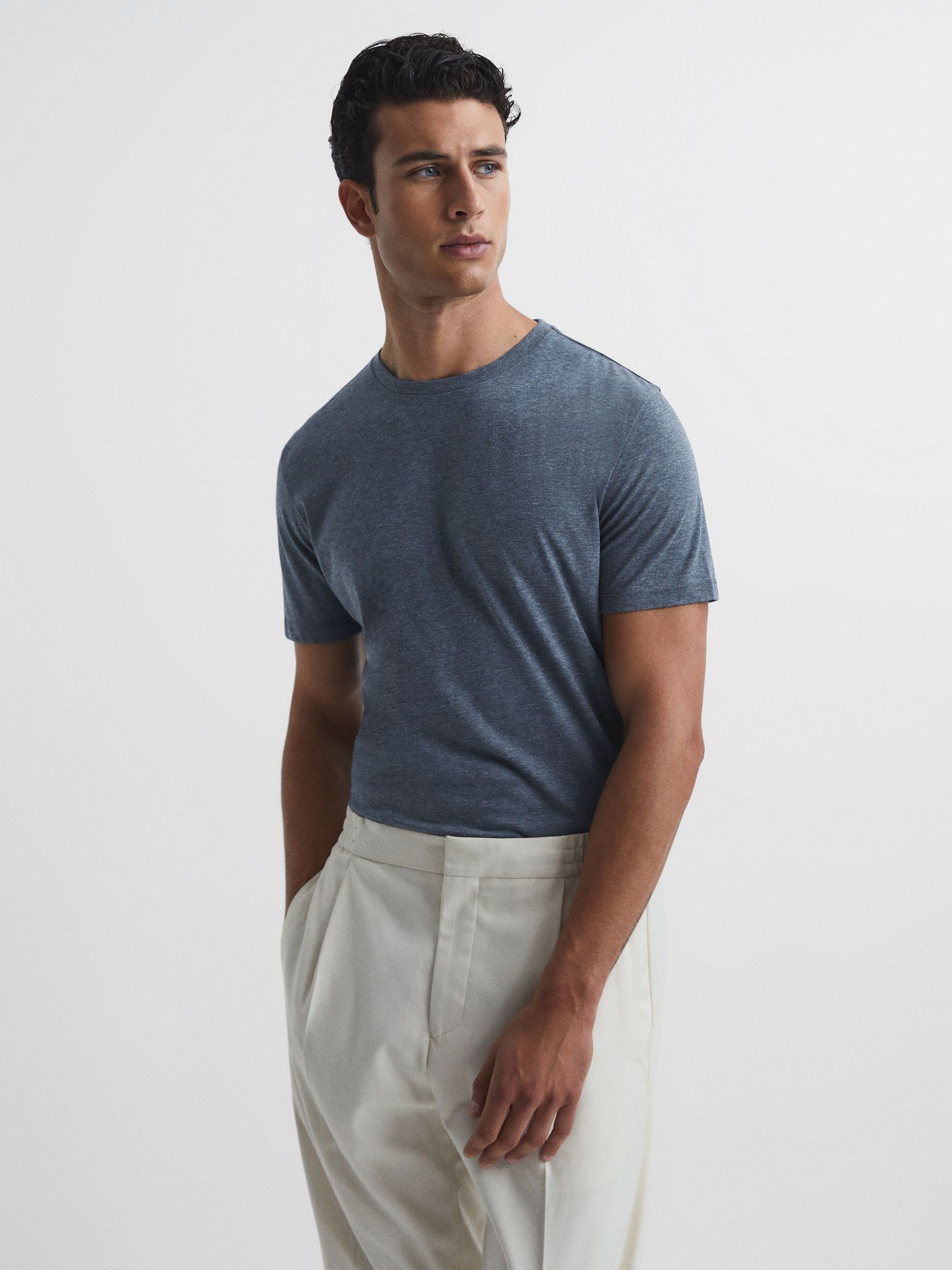 Reiss Airforce Blue Melange Bless Crew Neck T-shirt In Gray