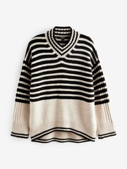 Ecru Cream and Black Stripe High V-Neck Jumper - Image 1 of 1