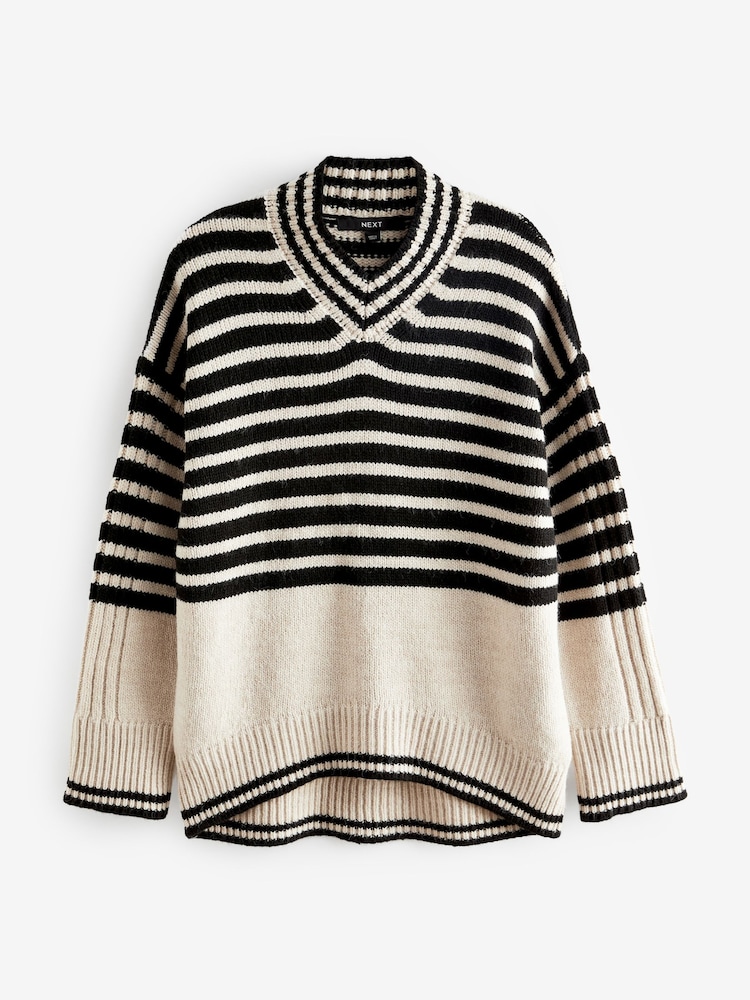 Ecru Cream and Black Stripe High V-Neck Jumper - Image 1 of 1