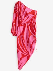 Pink/Red Print One Shoulder Ruched Detail Midi Dress - Image 1 of 1