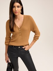 Camel Brown Gold Button Henley Knit Top - Image 1 of 6