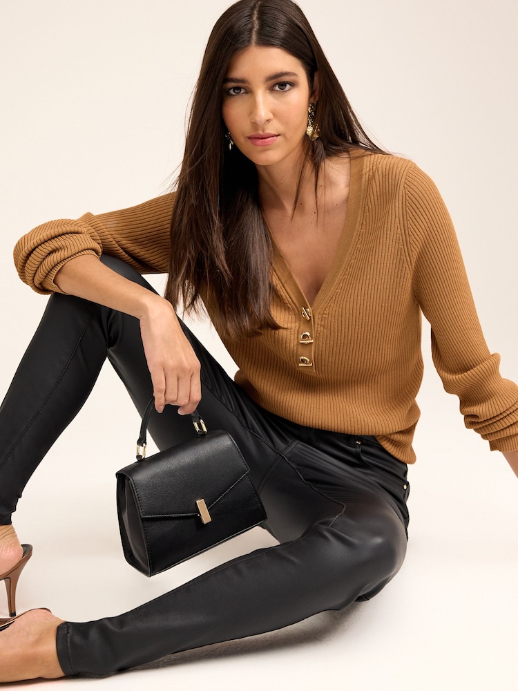 Camel Brown Gold Button Henley Knit Top - Image 2 of 6