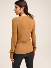 Camel Brown Gold Button Henley Knit Top - Image 3 of 6