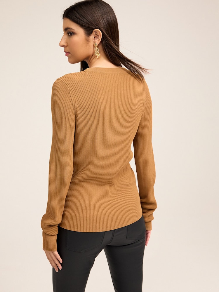 Camel Brown Gold Button Henley Knit Top - Image 3 of 6