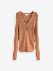 Camel Brown Gold Button Henley Knit Top - Image 5 of 6