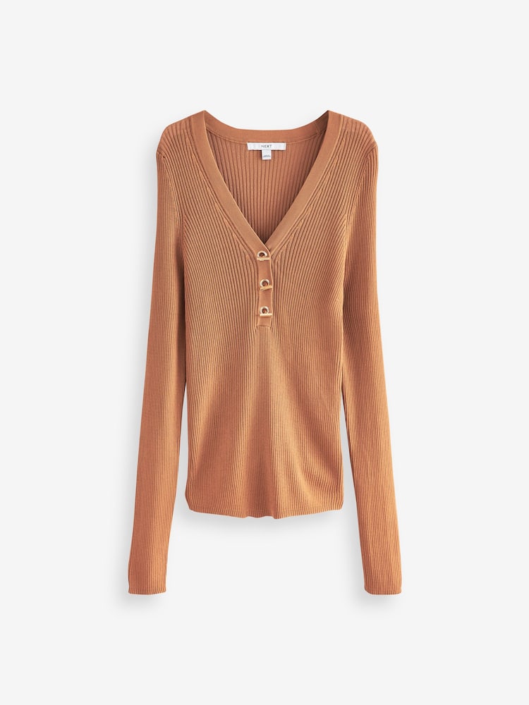 Camel Brown Gold Button Henley Knit Top - Image 5 of 6